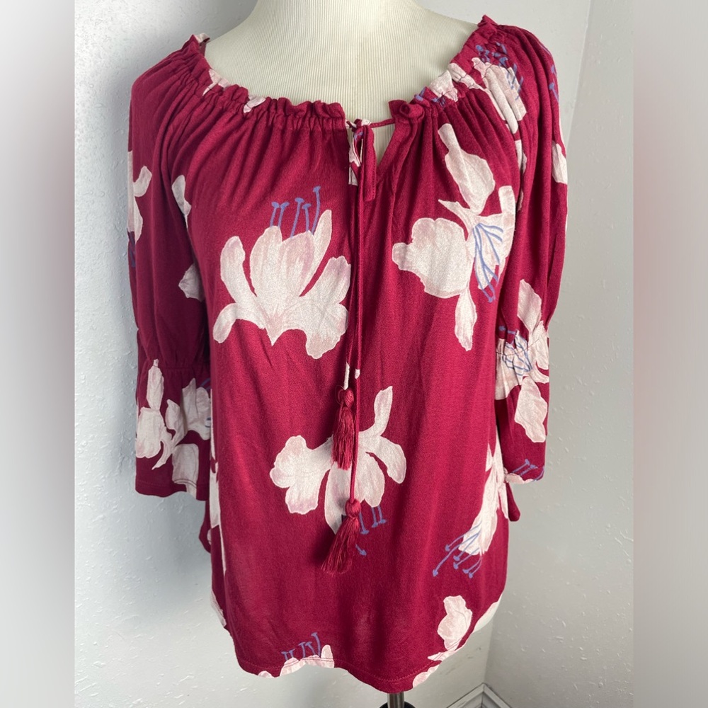 Lucky Brand Red Floral Peasant Top 3/4 Sleeve